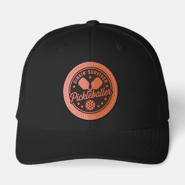 Funny Pickleball DINKIN' SURVIVOR Leather Patch Hat (Front)