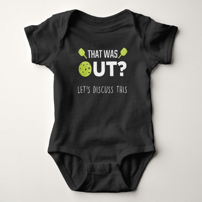 Funny Pickleball Discuss Joke Racquet Sportsman Baby Bodysuit (Front)