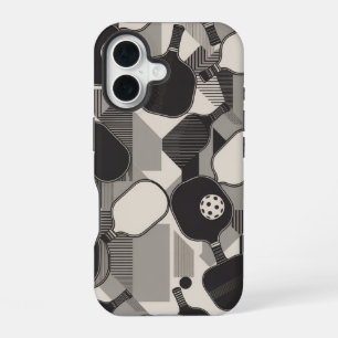 Funny Pickleball Grayscale Paddle Pattern iPhone 16 Case
