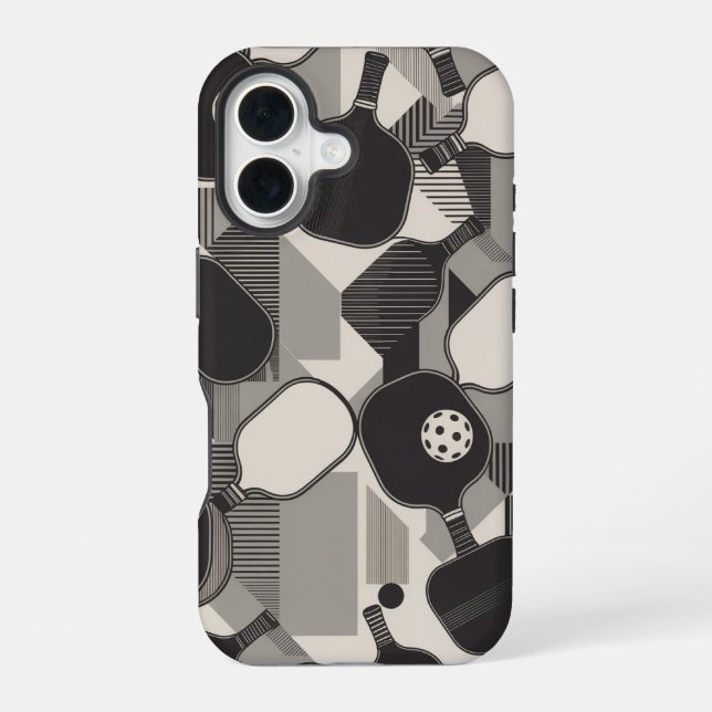 Funny Pickleball Grayscale Paddle Pattern iPhone Case (Back)