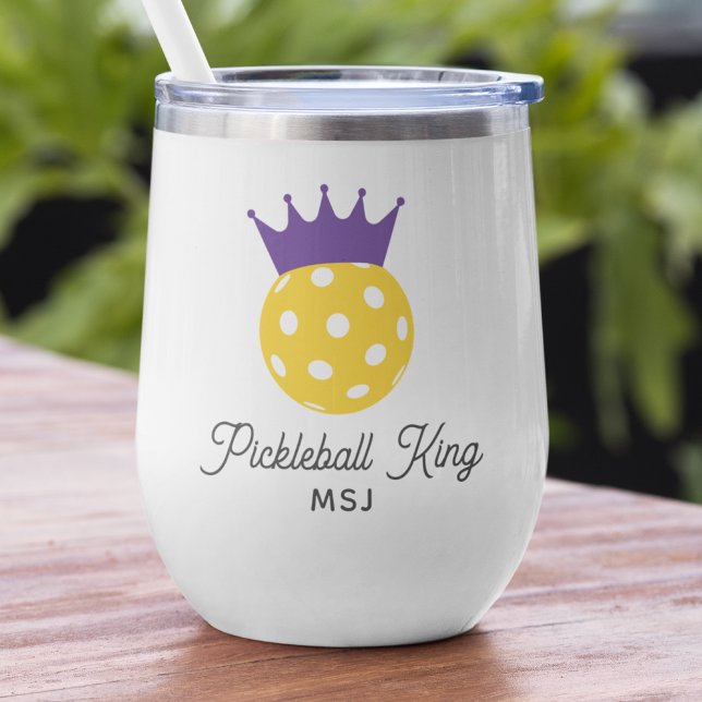 Funny Pickleball King Personalized Monogram Name Thermal Wine Tumbler (Creator Uploaded)