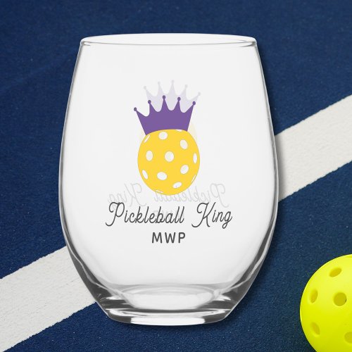 Funny Pickleball King Personalized Monogram Stemless Wine Glass