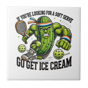 Funny Pickleball Lover Pun with a Pickle Playing Ceramic Tile