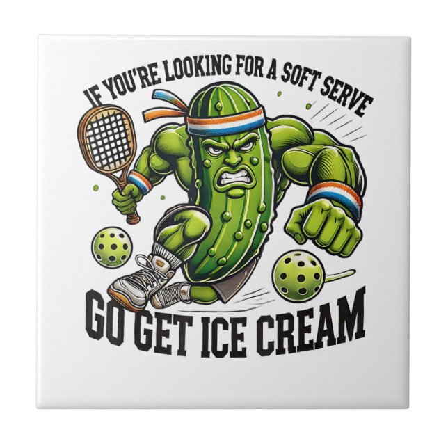 Funny Pickleball Lover Pun with a Pickle Playing Ceramic Tile (Front)