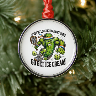 Funny Pickleball Lover Pun with a Pickle Playing Metal Ornament