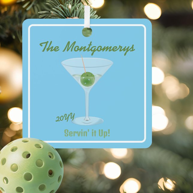 Funny Pickleball Martini Serving it Up  Metal Ornament (Fun pickleball martini ornament personalized with your name and funny text.)