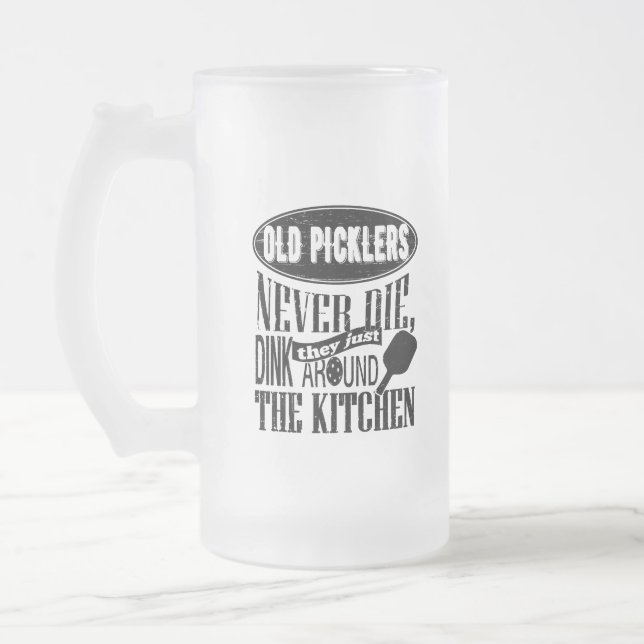 Funny Pickleball Old Picklers Never Die Frosted Glass Beer Mug (Left)