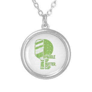 Funny Pickleball Paddle Up Butter Cup Silver Plated Necklace
