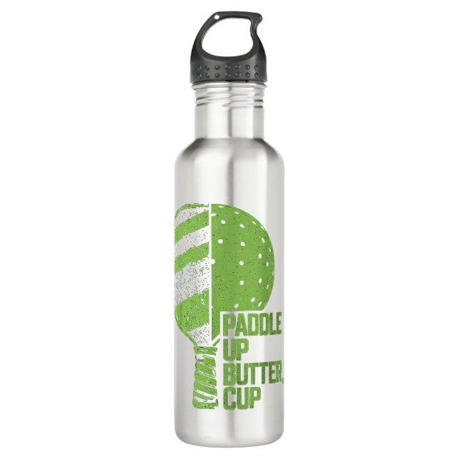 Funny Pickleball Paddle Up Butter Cup Stainless Steel Water Bottle (Front)