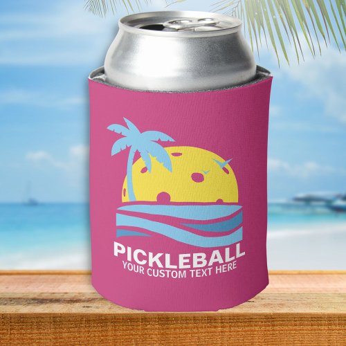 Funny Pickleball Palm Tree Sun Custom Text Pink Can Cooler