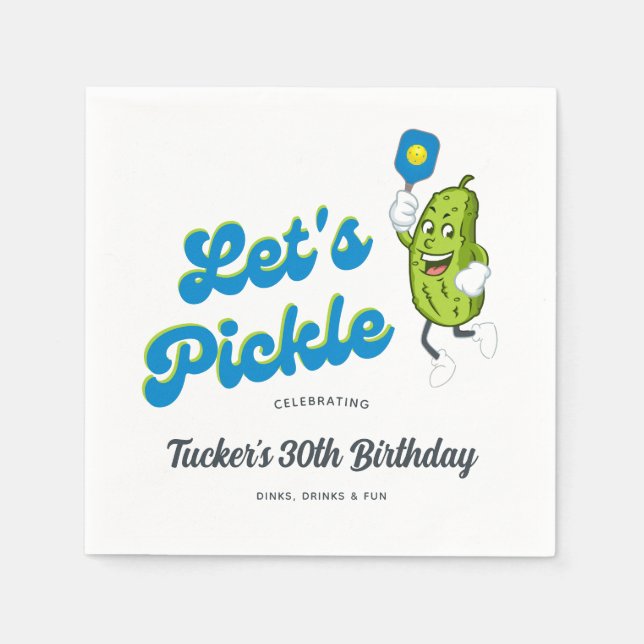 Funny Pickleball Party Cartoon Pickle Playing Napkins (Front)