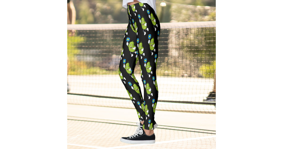 Funny Pickleball Pickle Holding Paddle and Ball Leggings