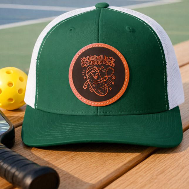 Funny Pickleball Player Leather Patch Hat (Pickleball Player Hat - Funny Pickleball Is My Happy Place. Look great on or off the court.)