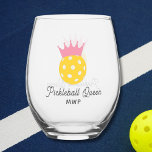Funny Pickleball Queen Personalized Monogram Stemless Wine Glass<br><div class="desc">A super fun wine glass featuring a pickleball with a pink crown and 2 lines of personalized text.  Perfect as a club or tournament award,  gift for your pickleball bestie friends,  a pickleball trip memento,  drink ware for apres pickleball gatherings and just everyday pickleball fun!</div>