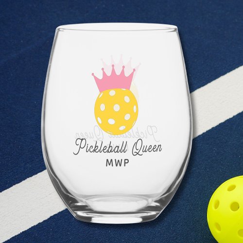 Funny Pickleball Queen Personalized Monogram Stemless Wine Glass