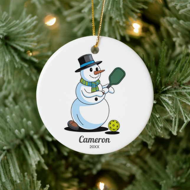 Funny Pickleball Snowman, Add Custom Photo & Text Ceramic Ornament (Tree)