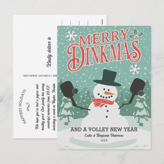 Funny Pickleball Snowman Merry Christmas Postcard (Front/Back)