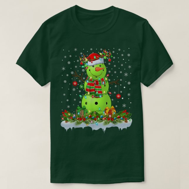 Funny Pickleball Snowman Xmas Lights Pickleball Ch T-Shirt (Design Front)
