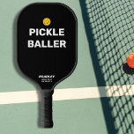 Funny Pickleballer Custom Text Name Pickleball Paddle<br><div class="desc">You'll be a hit on the court with this funny pickleball paddle that reads "Pickle Baller" and is highlighted with a yellow pickleball. Bold White text is set against a black background but you can easily change the color. Add 2 lines of custom text to personalize - club name, location,...</div>