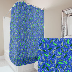 Funny Pickles and Flowers Whimsical Blue Shower Curtain