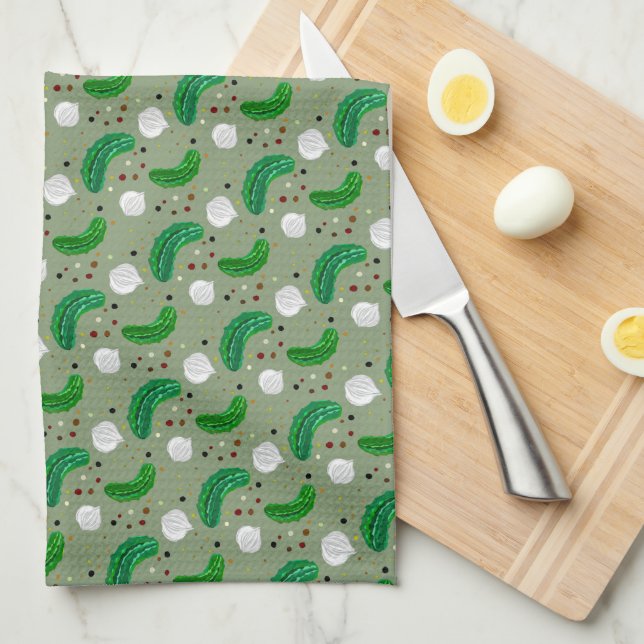 Funny Pickles Gherkins & Pickled Onion Pattern Kitchen Towel (Quarter Fold)