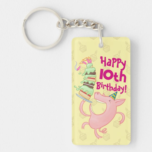 Funny Pig Add The Age Giant Birthday Cake Cartoon Keychain (Front)