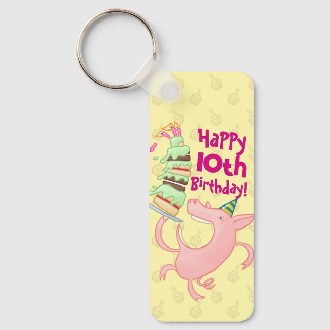 Funny Pig Add The Age Giant Birthday Cake Cartoon Keychain (Front)