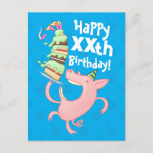 Funny Pig Add The Age Giant Birthday Cake Cartoon Postcard