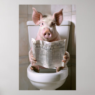 Funny Pig Bathroom Print, Toilet Newspaper Art Poster
