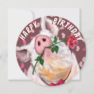 Funny Pig Birthday Card Romantic Piggy with Rose