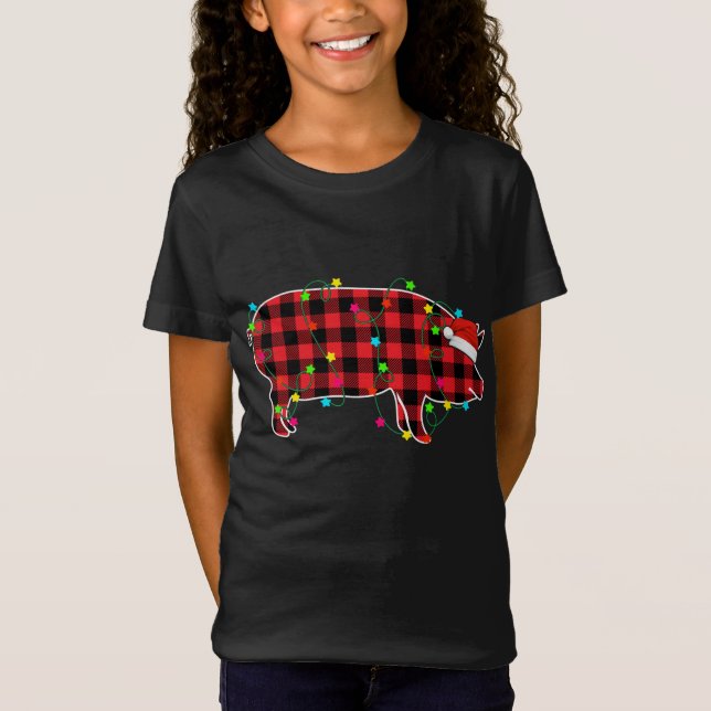 Funny Pig Christmas Tree Red Plaid Xmas Animals Lo T-Shirt (Front)