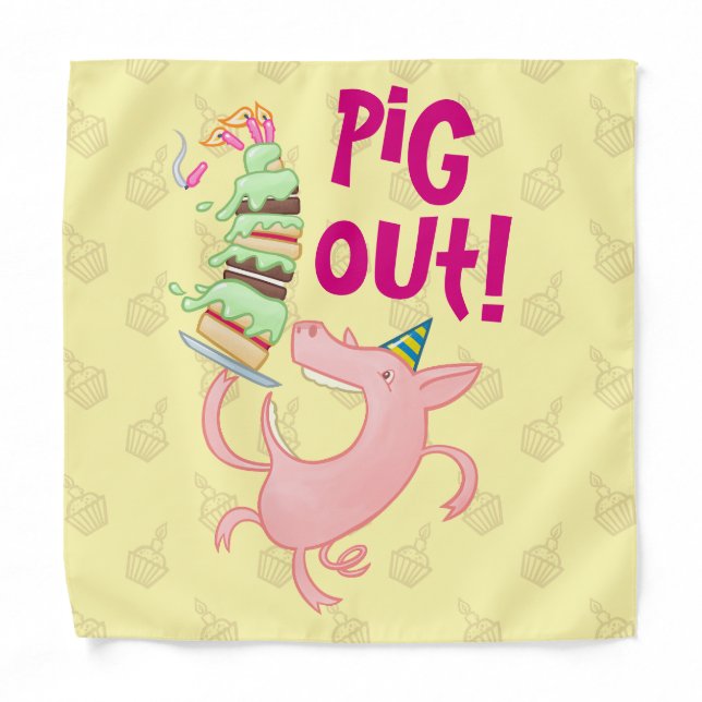 Funny Pig Eating Birthday Cake Pig Out! Cartoon Bandana (Front)