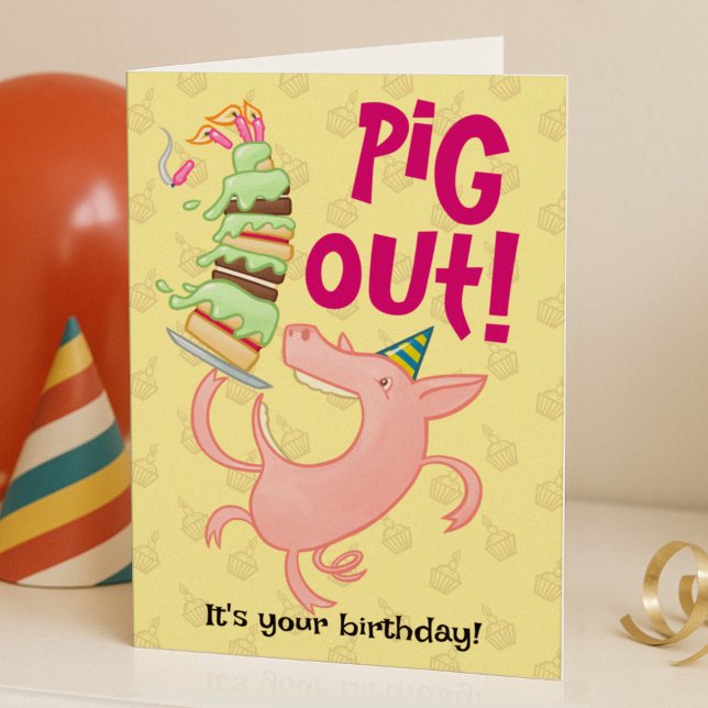 Funny Pig Eating Birthday Cake Pig Out! Cartoon Card (Creator Uploaded)