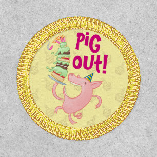 Funny Pig Eating Birthday Cake Pig Out! Cartoon Patch