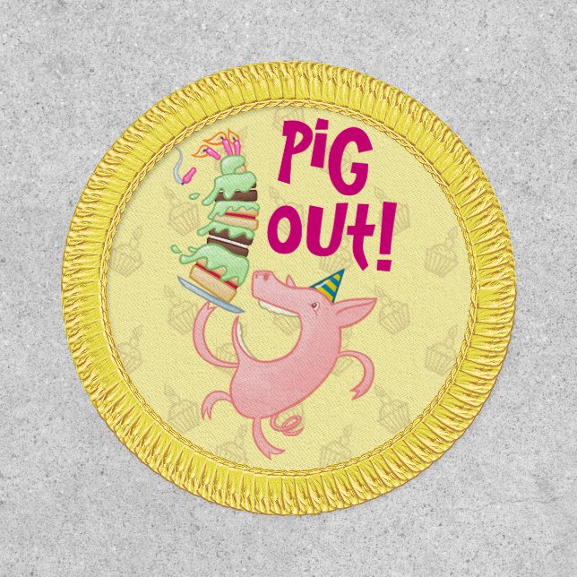 Funny Pig Eating Birthday Cake Pig Out! Cartoon Patch (Front)