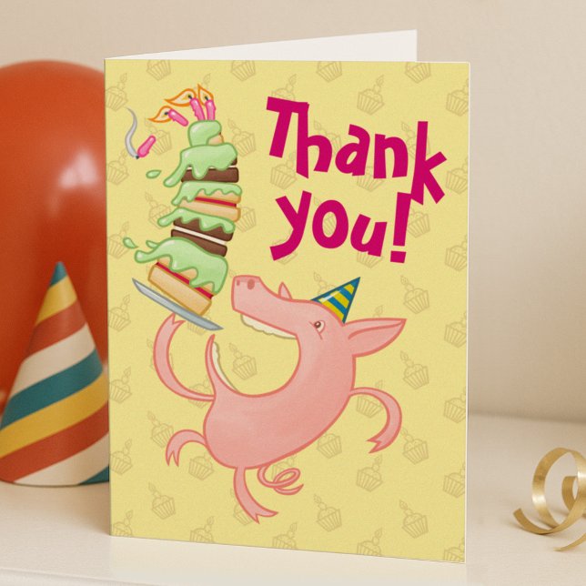 Funny Pig Eating Birthday Cake Thank you! Cartoon Thank You Card (Creator Uploaded)