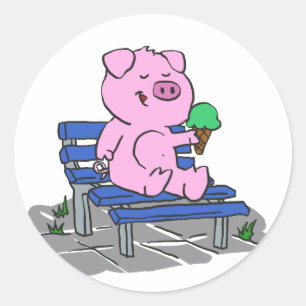 Funny pig eating ice cream   choose back color classic round sticker