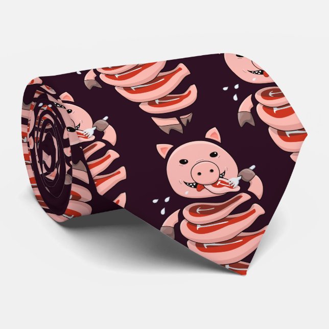 Funny Pig Eating Steaks From Itself Neck Tie (Rolled)
