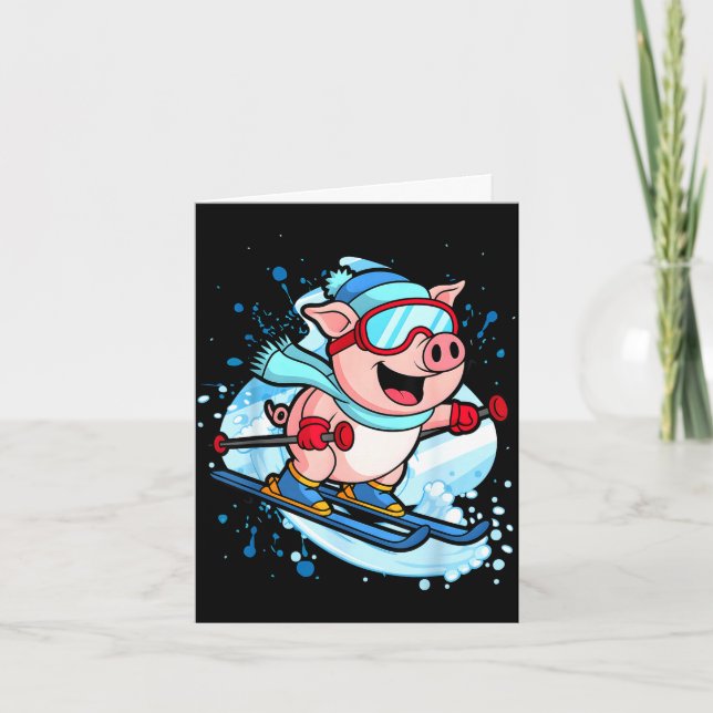 Funny pig go skiing design winter holidays  card (Front)