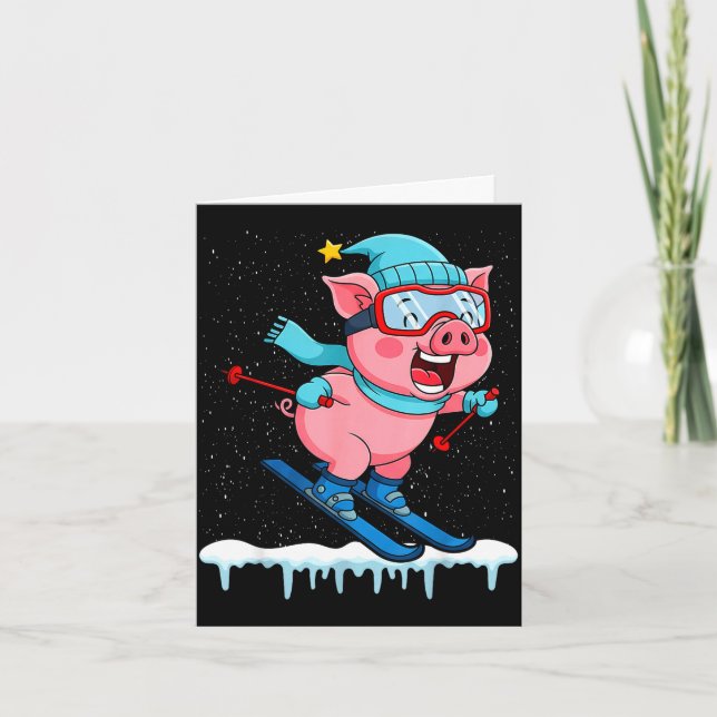 Funny pig go skiing design winter holidays  card (Front)