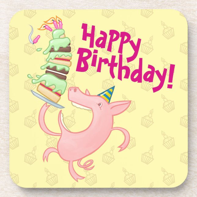 Funny Pig Happy Birthday! Giant Layer Cake Cartoon Beverage Coaster (Front)