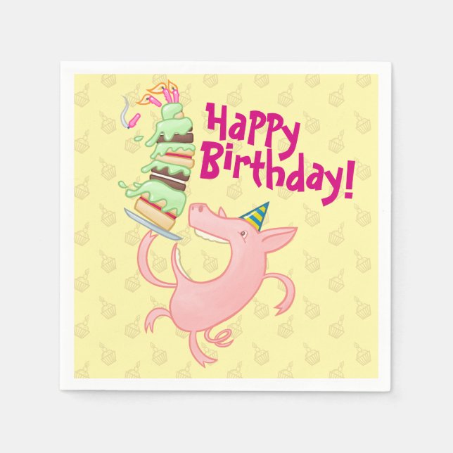 Funny Pig Happy Birthday! Giant Layer Cake Cartoon Napkins (Front)
