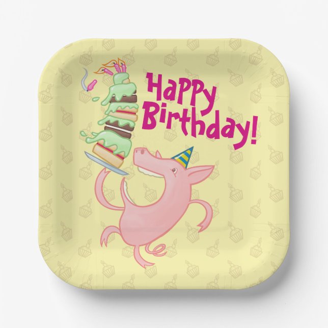 Funny Pig Happy Birthday! Giant Layer Cake Cartoon Paper Plates (Front)