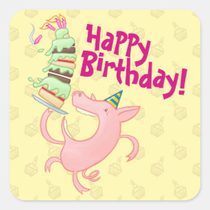 Funny Pig Happy Birthday! Giant Layer Cake Cartoon Square Sticker