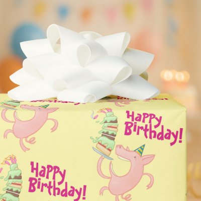 Funny Pig Happy Birthday! Giant Layer Cake Cartoon Wrapping Paper