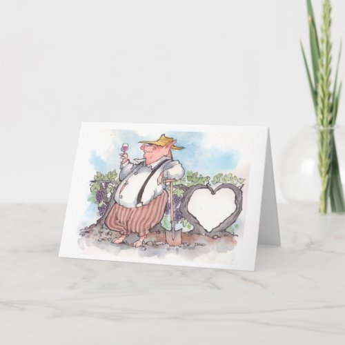 Funny pig holding wine glass with heart vine holiday card