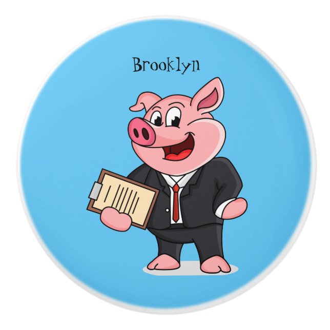 Funny pig in business suit cartoon ceramic knob (Front)