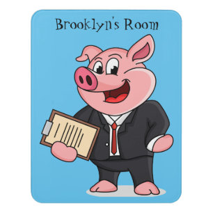 Funny pig in business suit cartoon door sign