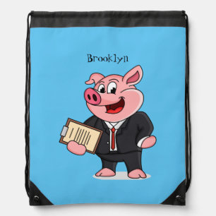 Funny pig in business suit cartoon drawstring bag