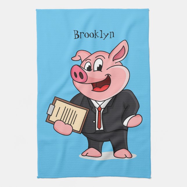Funny pig in business suit cartoon kitchen towel (Vertical)